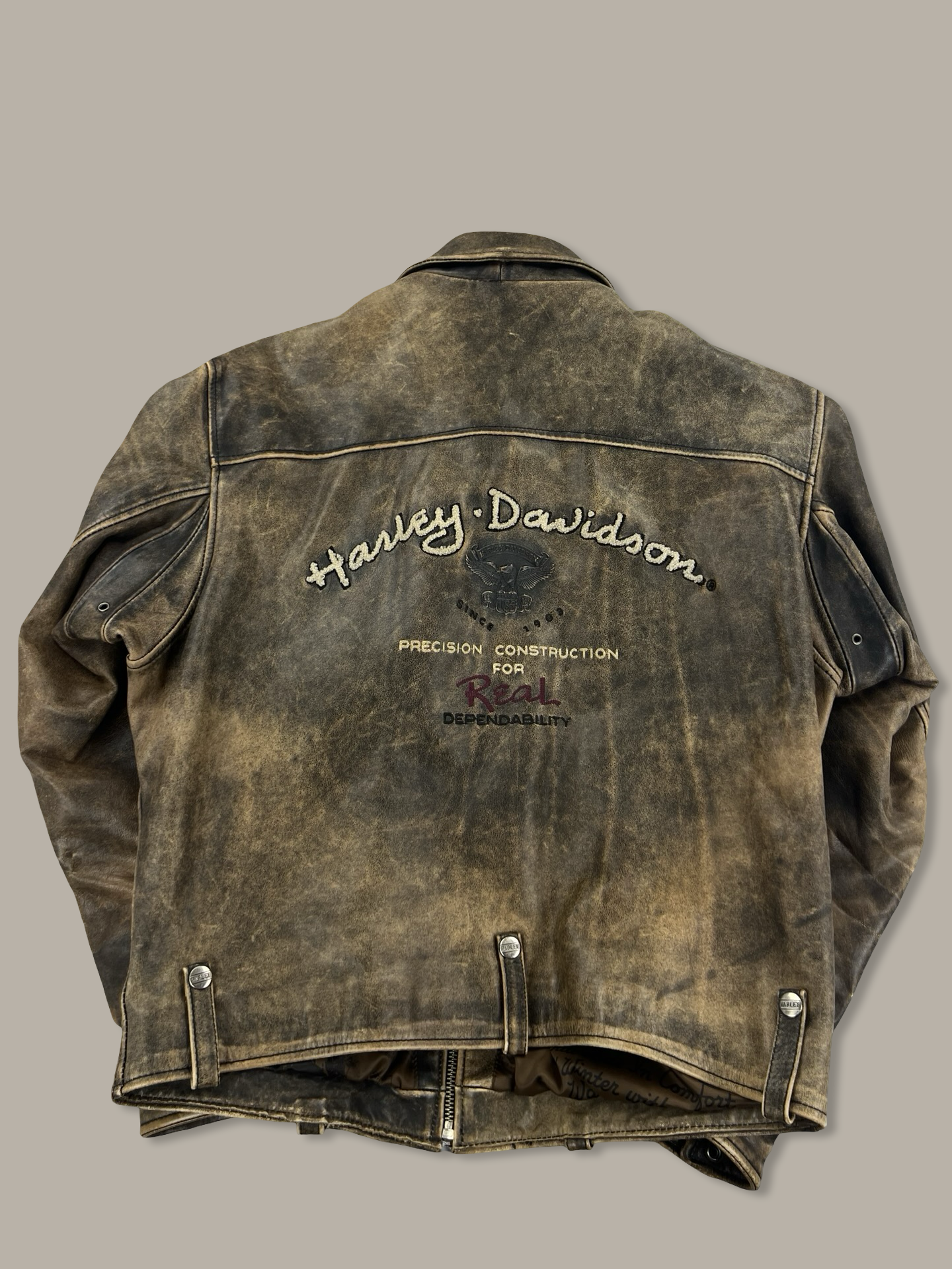 Harley-Davidson American Legend Distressed Leather Biker Jacket with Embroidered Back Marrone L