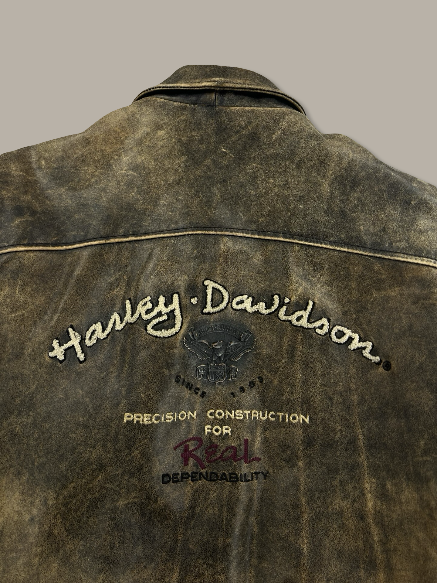 Harley-Davidson American Legend Distressed Leather Biker Jacket with Embroidered Back Marrone L