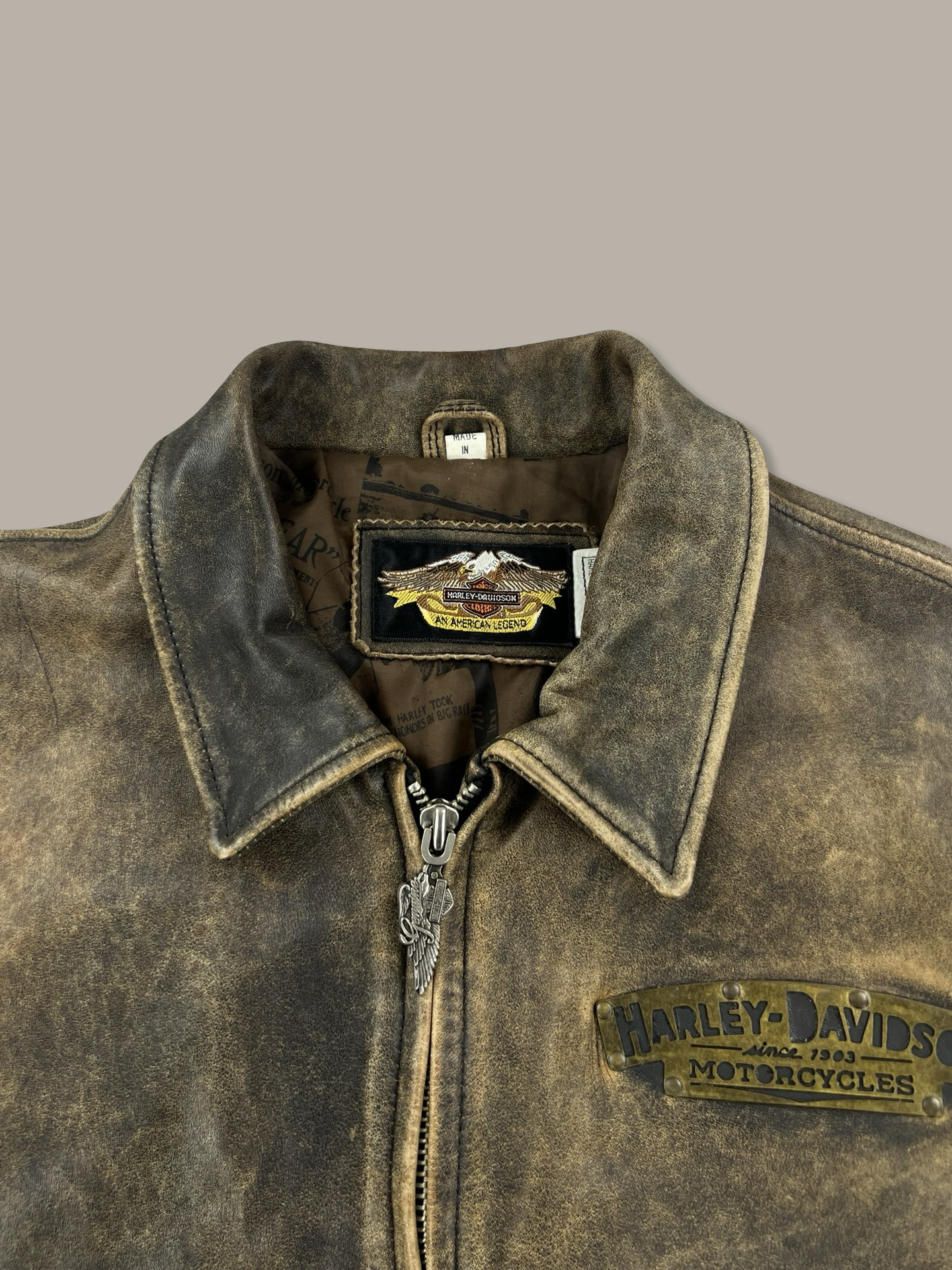 Harley-Davidson American Legend Distressed Leather Biker Jacket with Embroidered Back Marrone L