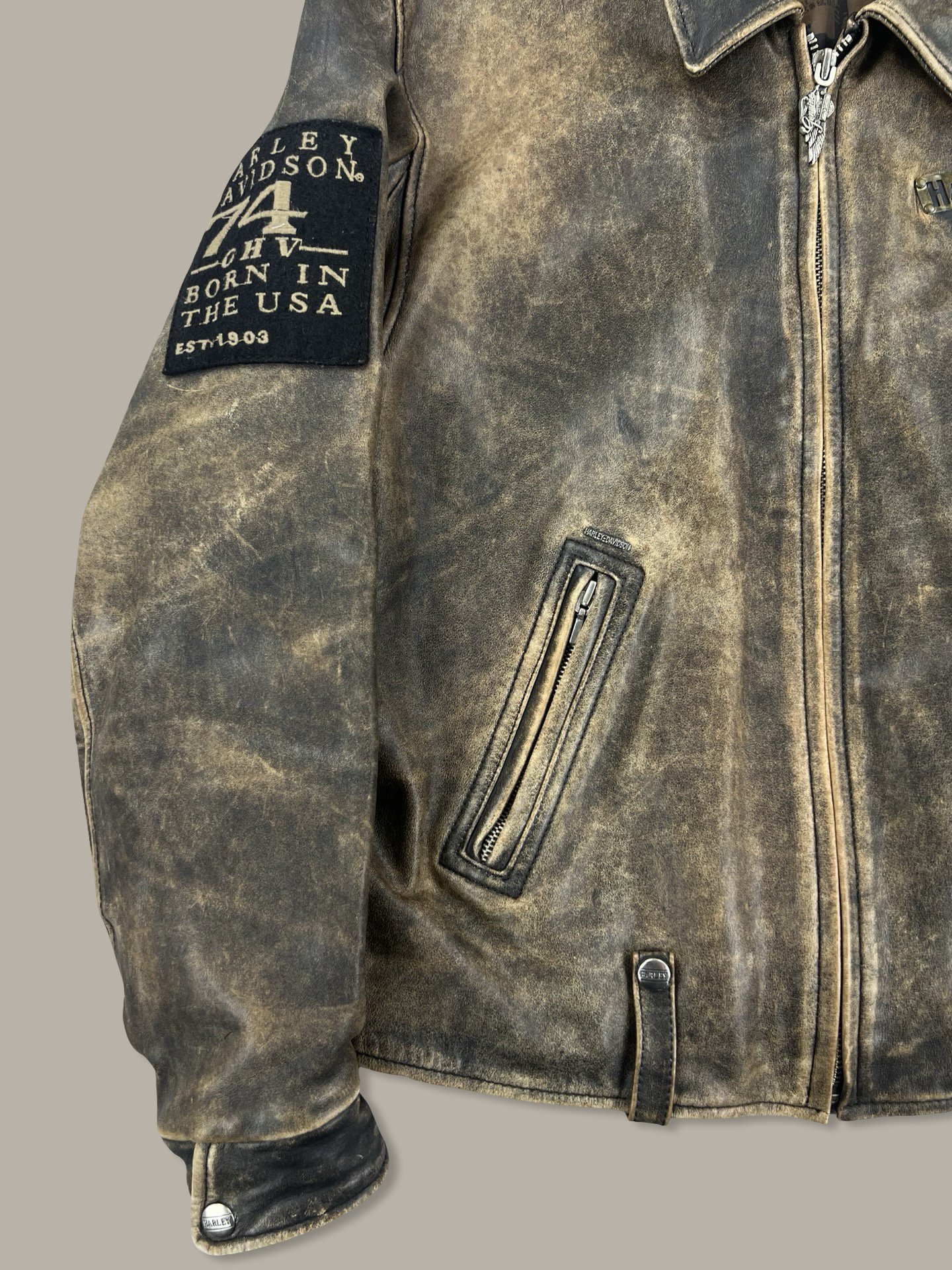 Harley-Davidson American Legend Distressed Leather Biker Jacket with Embroidered Back Marrone L