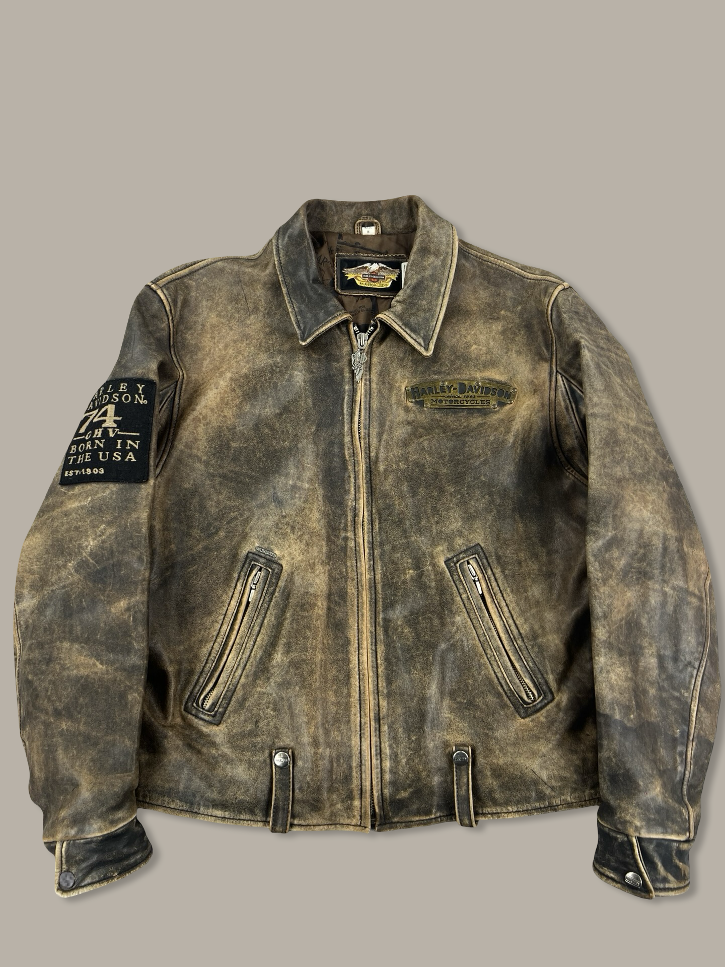 Harley-Davidson American Legend Distressed Leather Biker Jacket with Embroidered Back Marrone L