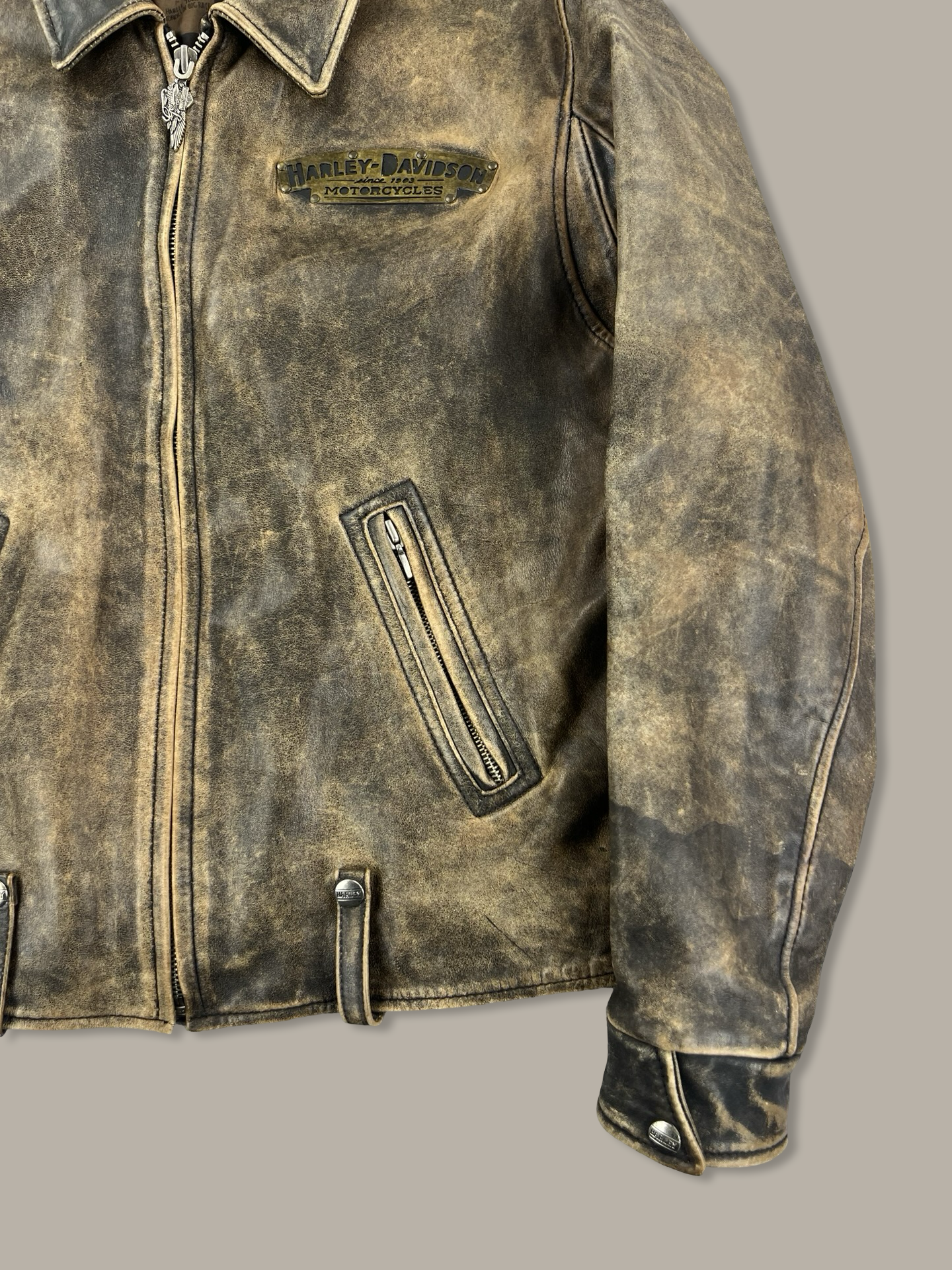 Harley-Davidson American Legend Distressed Leather Biker Jacket with Embroidered Back Marrone L