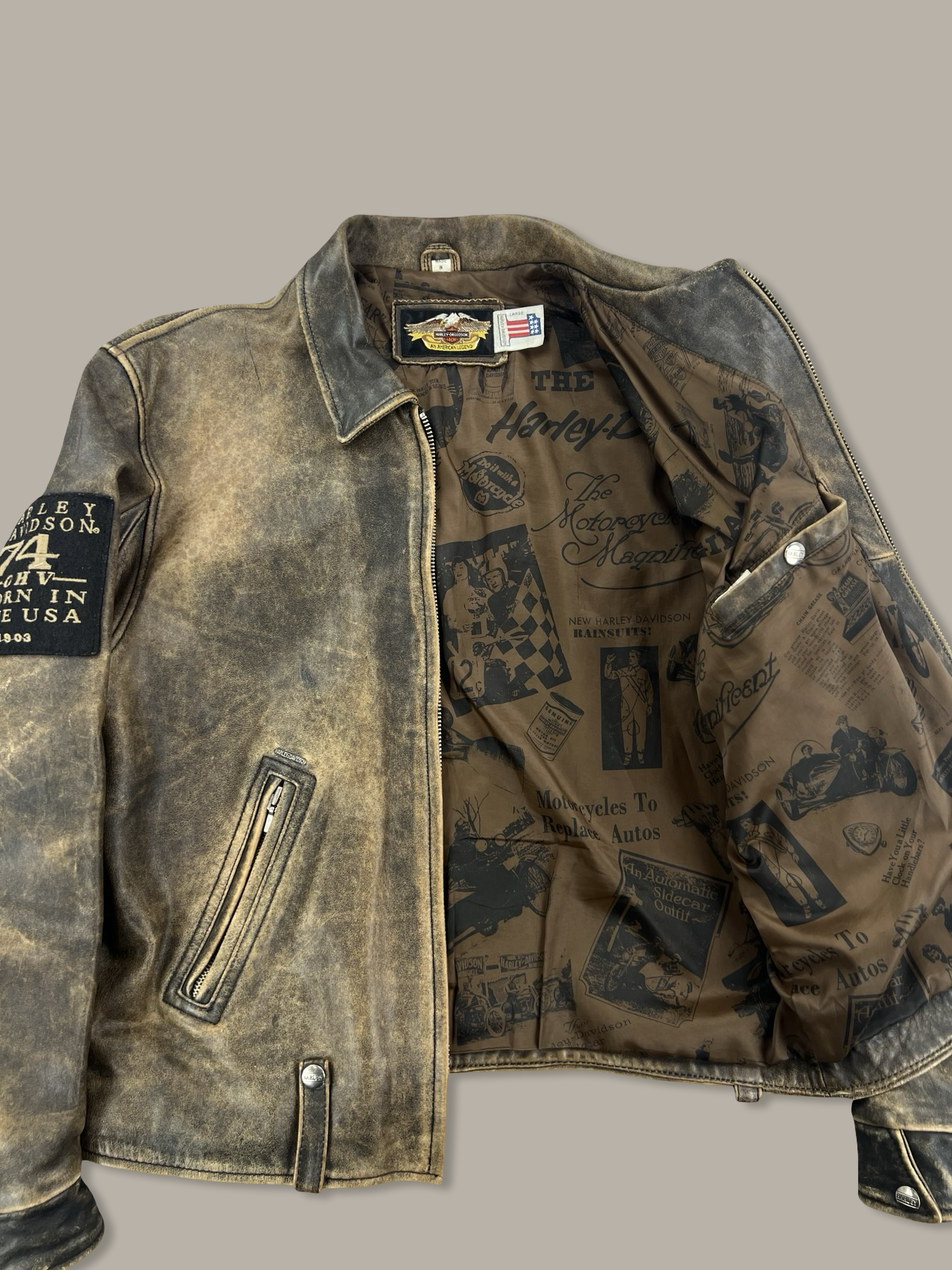 Harley-Davidson American Legend Distressed Leather Biker Jacket with Embroidered Back Marrone L