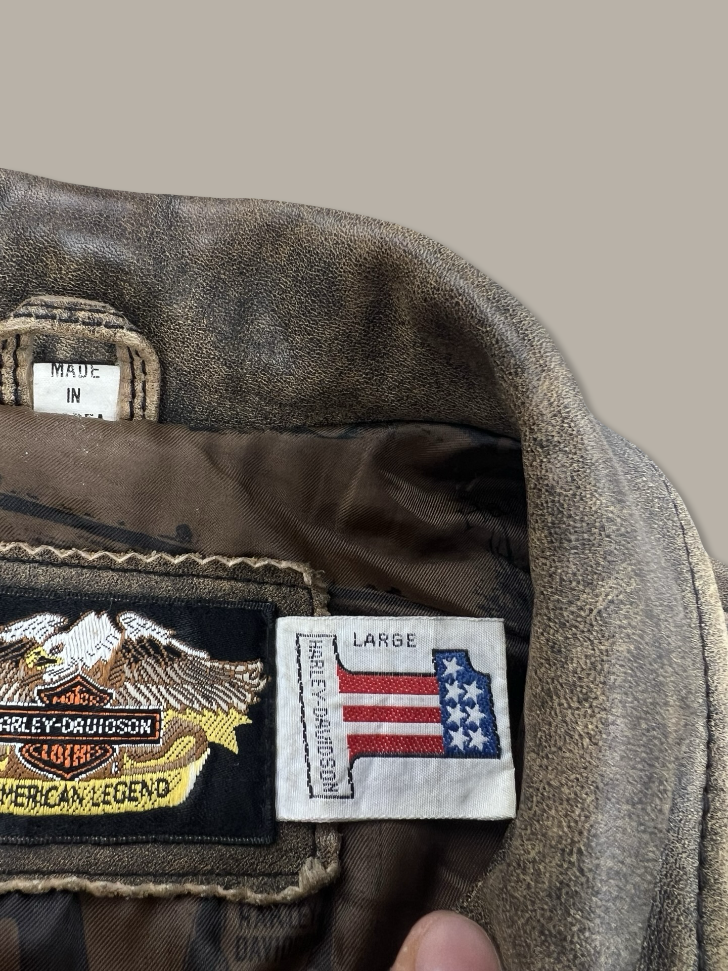 Harley-Davidson American Legend Distressed Leather Biker Jacket with Embroidered Back Marrone L