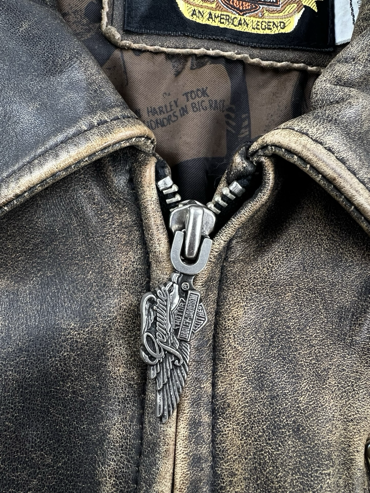 Harley-Davidson American Legend Distressed Leather Biker Jacket with Embroidered Back Marrone L