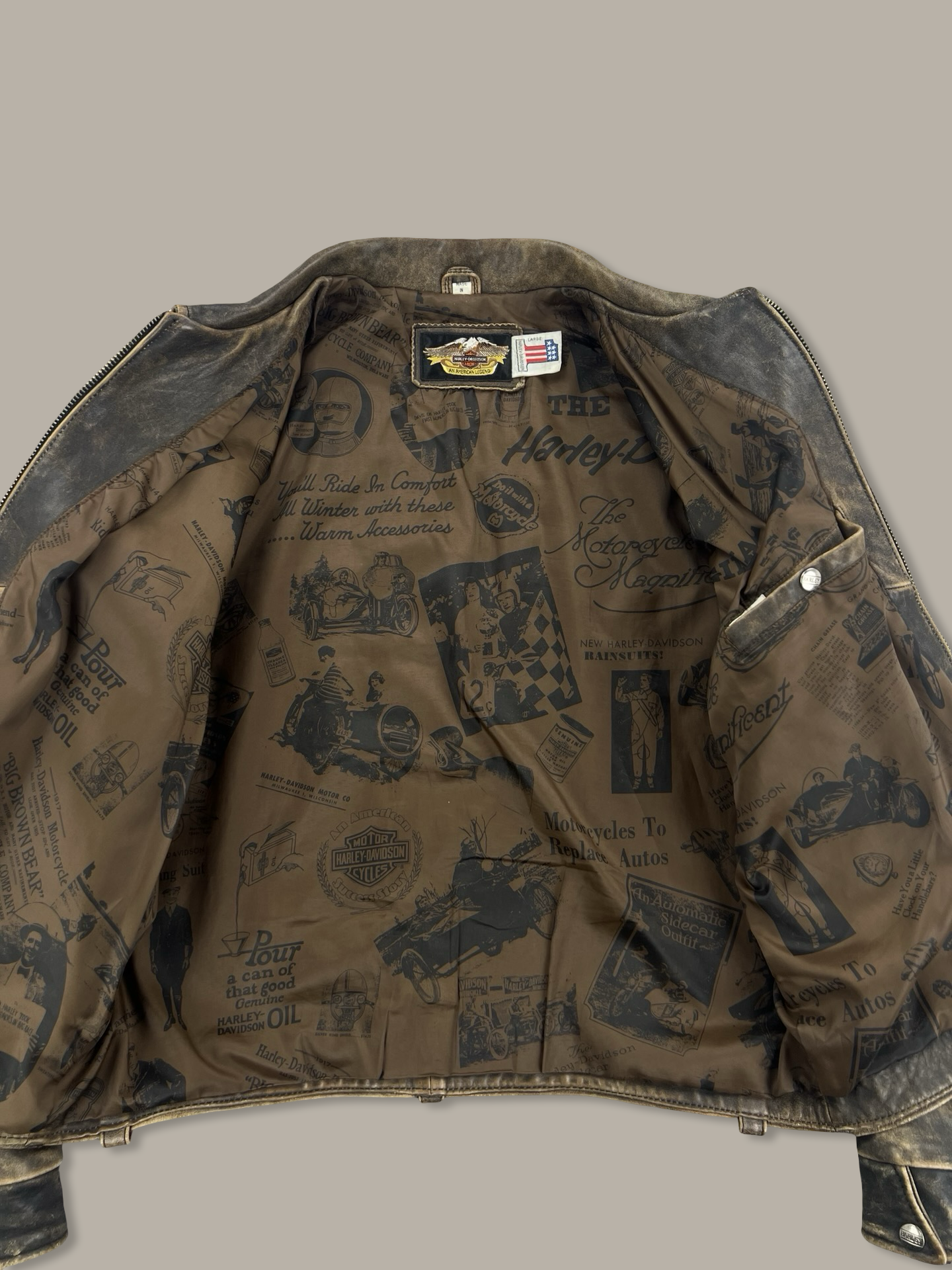 Harley-Davidson American Legend Distressed Leather Biker Jacket with Embroidered Back Marrone L