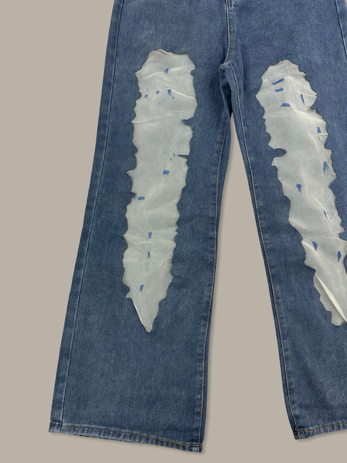 Jeans Wide Leg Denim con Inserti Semi-Trasparenti Blue M