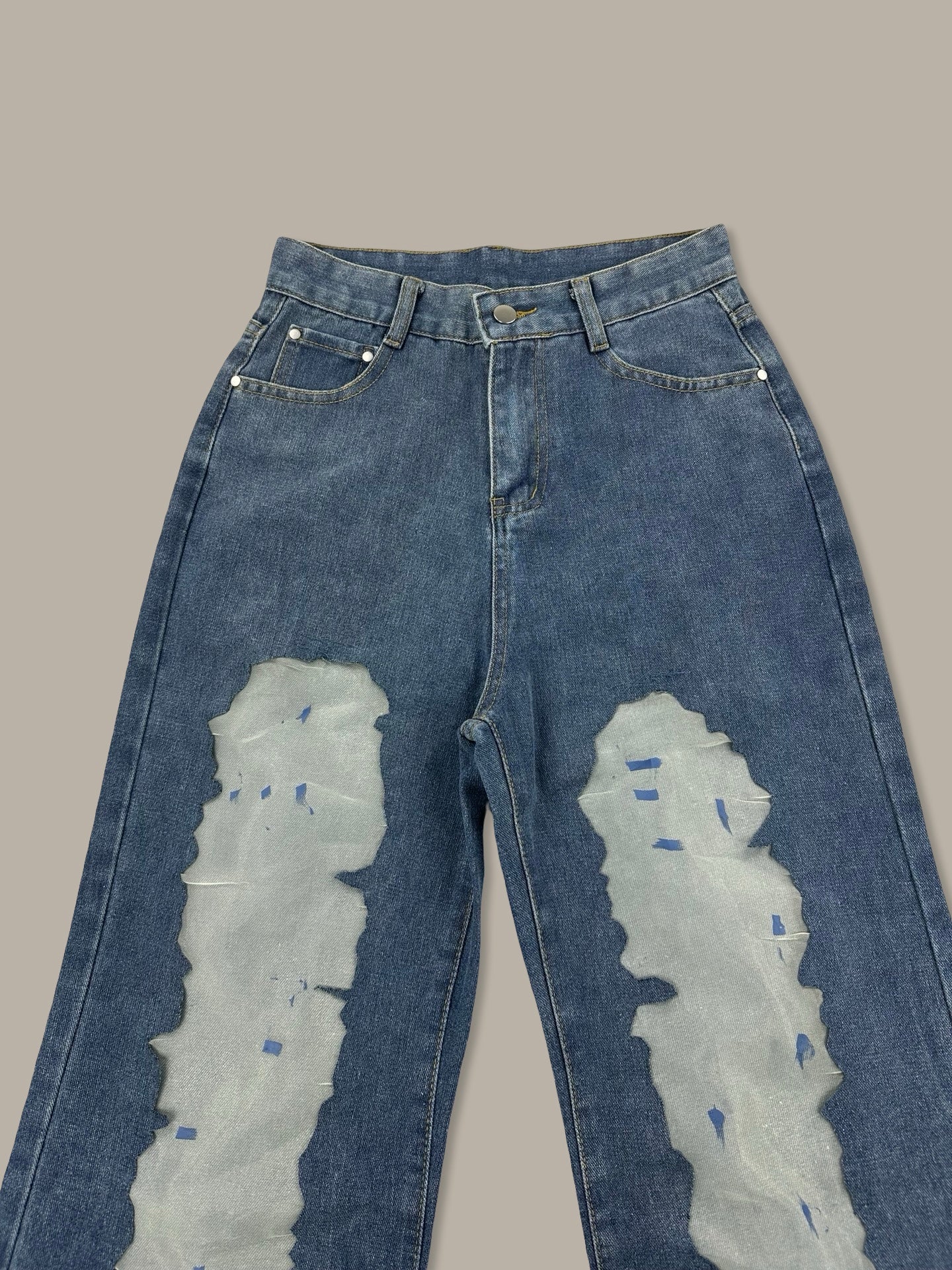 Jeans Wide Leg Denim con Inserti Semi-Trasparenti Blue M