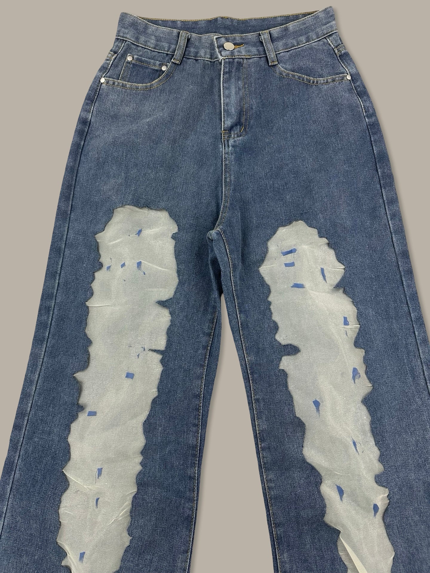 Jeans Wide Leg Denim con Inserti Semi-Trasparenti Blue M